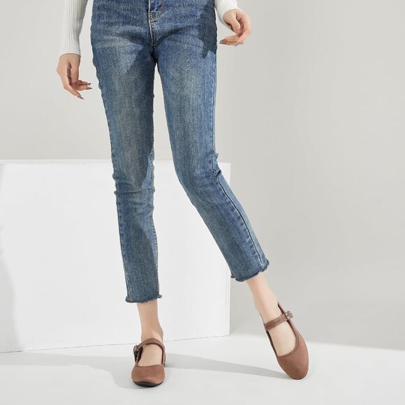 Babudog Womens Brown Faux Suede Rounded Toe Ankle Strap With Buckle Flats - Picture 9 of 9